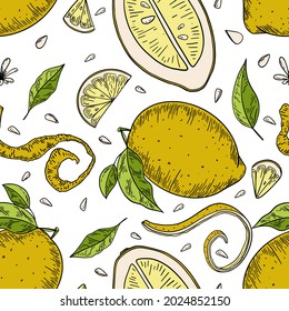 Yellow lemon fruit hand drawn seamless pattern with black outlines on white background for textile, print, background, highlights. Vector illustration