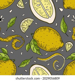 Gelbe Zitronenfrucht handgezeichnet nahtlose Muster mit schwarzen Umrissen auf grauem Hintergrund für Textilien, Druck, Hintergrund, Highlights. Vektorgrafik