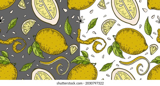 Yellow lemon fruit hand drawn seamless pattern with black outlines on grey background for textile, print, background, highlights. Vector illustration