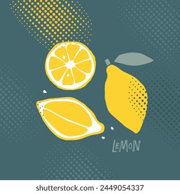 Estampado de fruta de limón amarillo en estilo Printmaking. Abstractas póster natural en colores pastel con efecto de textura raster. Para póster, Anuncio, portada, redes sociales, postales, impresión