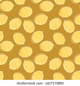 Yellow lemon fruit seamless pattern with mustard background for textile printing on tablecloth or napkin. 