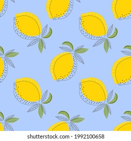 Patrón sin fisuras de limón amarillo sobre fondo azul. Ilustración de dibujos animados.