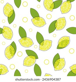 Yellow lemon fruits and green leaves isolated on white background. Seamless pattern. Background for paper, cover, fabric, textile, dishes, interior decor. Objects are randomly arranged.