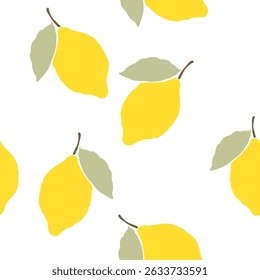 Yellow lemon fruits with green leaves silhouettes, white background. Vector illustration. Seamless pattern. Summer design. Italian vacation