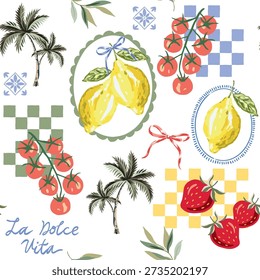 Yellow lemon fruits, red cherry tomatoes, frames, palm trees, strawberries, bow, text La Dolce Vita, white background. Vector illustration. Seamless pattern. Summer trendy design. Italian coast
