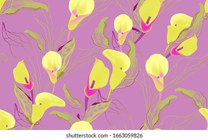 Yellow lemon green flowers with leaves on a pinl, lilac background seamless patern. Vector illustration with large inflorescences of plants.