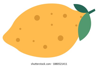 Yellow lemon with a green leaf flat vector illustration. Sour citrus isolated on a white background. Lemon tree fruit with dark speck. Citrus plucked with a twig and leaves, grown in Greece