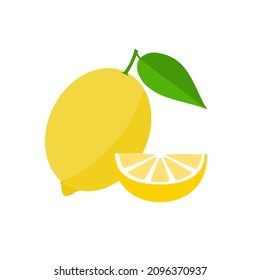 Yellow lemon with green leaf, simple flat design. Isolated on white background vector illustration