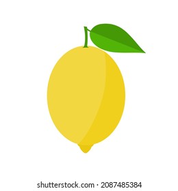 Yellow lemon with a green leaf. Vector object, simple flat design. Isolated on a white background.