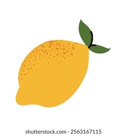 Yellow lemon with green leaves in a minimalist style. Suitable for food designs, recipes, and fresh citrus-themed projects. Isolated on white background.