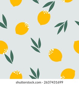 Yellow lemon with green leaves pattern on light background seamless pattern for fabric, textiles, clothing, wallpaper, cover, banner, home decor, florals backgrounds