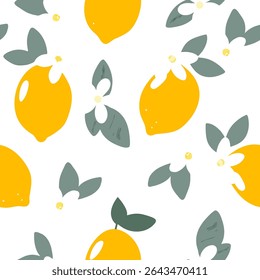 Yellow lemon with green leaves pattern on light background seamless pattern for fabric, textiles, clothing, wallpaper, cover, banner, home decor, florals backgrounds