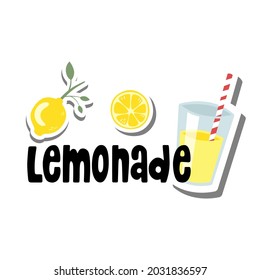 Yellow Lemon with Green Leaves, Lemon slices, A glass of lemonade with a red and white spiral tube and Lettering 'Lemonade'. Vector illustration about Fruit.