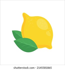 Yellow lemon with green leaves. Vector illustration isolated on white background.