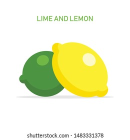 Yellow lemon and green lime vector icons. Flat style illustration, citric fruits.