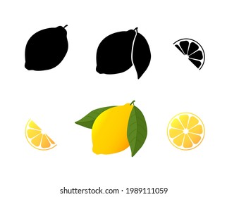 yellow Lemon half and slice. Set icon Lemon ripe clolor and black. Vector illustration Lemon in flat style. Isolated on a white background.