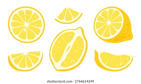 Yellow lemon halves and slices sett isolated on transparent background. Fresh citrus fruit. Ingredient for making lemonade. Vitamin C healthy food. Hand drawn vibrant illustration in flat style