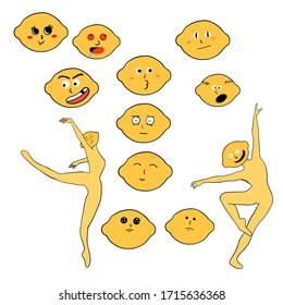 yellow lemon head dancing ballet with emotion, funny, sad, surprise, high, bored, red eyes, peace, crazy, funny 