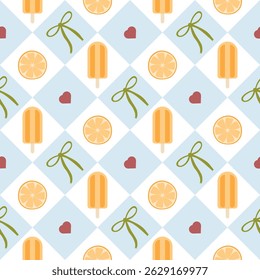 Yellow Lemon Ice cream with coquette bows seamless pattern. checkered background. fruit, summer, for Prints, Wrapping Paper, Wallpaper, Textiles, Stationery, Fabric.