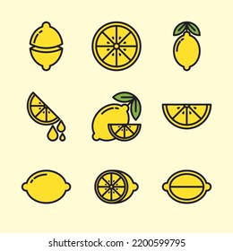 Yellow lemon icon set. Minimalist cartoon fruit outline symbol. Vector simple flat line thick fresh fruit. Lime, lemonade, oranges, citrus and leaves. Various shapes of whole objects and slices.