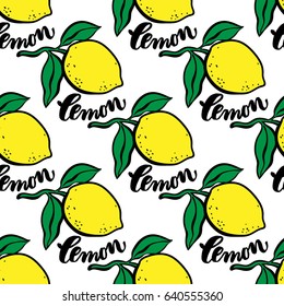 Yellow lemon illustration seamless pattern on a white background. Print design for kitchen textile.