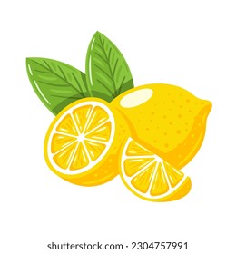 Yellow lemon isolated on white background. Flat style. Vector illustration