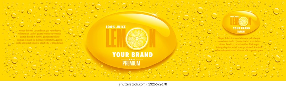 yellow lemon juice packaging with many juice drops and lemon slice	