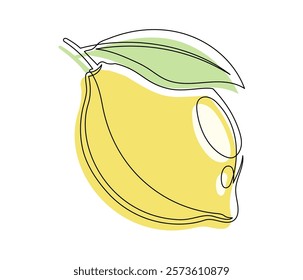 Yellow lemon with leaf isolated on white background. Simple citrus silhouette. Hand drawn lemon outline. Vector illustration