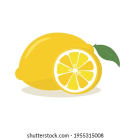 Yellow lemon with leaf and slice. Lemon is a fruit that is sour and has high vitamin C. Vector illustration