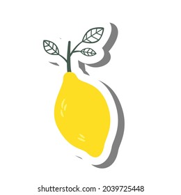 Yellow Lemon with leaves on white silhouette and gray shadow. Flat style for decorated and any design. Vector illustration about fruit.