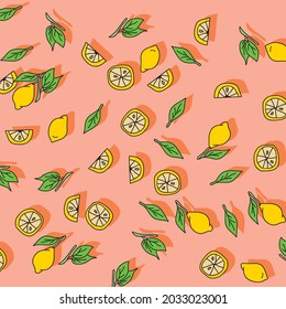yellow lemon and leaves. Pink background