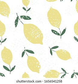 Limón amarillo con hojas patrón transparente fondo blanco. Frutas cítricas dibujadas a mano. Diseño de tejidos, tejidos textiles, papel de envolver, productos textiles de cocina. Diseño moderno. Ilustración del vector
