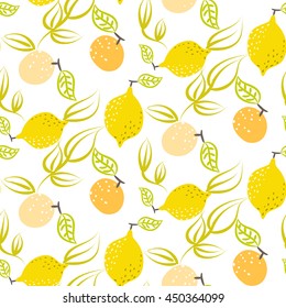 Yellow lemon with leaves vector seamless pattern. Citrus fruits on white background summer fresh design for textile and apparel.