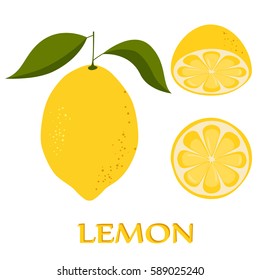 Yellow lemon on white background. Sliced yellow lemon. Icon set lemon, the whole fruit and cut into pieces. Vector illustration.