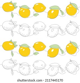 Yellow lemon. One single line vector illustration. Seamless pattern