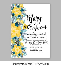Yellow lemon peony fir branch Floral wedding invitation vector printable card template