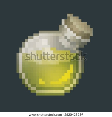 yellow lemon potion round bottomed bottle in pixel art style with isolated background