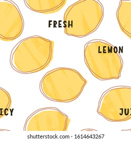 Yellow lemon seamless pattern with black fresh, juicy text, line silhouettes and brush strokes texture. 