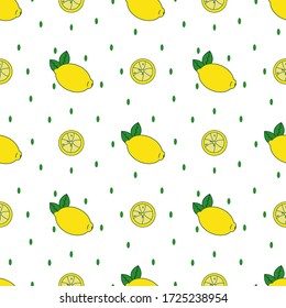 Patrón de limón amarillo sin soldadura con puntos verdes en el fondo. 