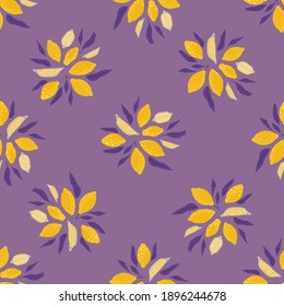 Yellow lemon seamless pattern in hand drawn style. Pastel purple background. Organic food print. Vector illustration for seasonal textile prints, fabric, banners, backdrops and wallpapers.