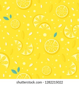 Yellow Lemon seamless pattern. Juicy bright background. Happy sunny fabric texture or wrapping paper or textile texture with lemons