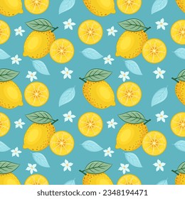 Yellow lemon seamless pattern on blue background vector design.