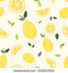Yellow Lemon Seamless pattern on a light background. Juicy citrus fruit in delicate tones with green leaves and cut yellow slices.