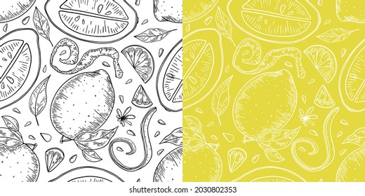 Yellow lemon set fruit hand drawn seamless pattern with black outlines on grey background for textile, print, background, highlights. Vector illustration
