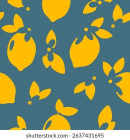 Yellow lemon silhouette pattern with leaves on green background seamless pattern for fabric, textiles, clothing, wallpaper, cover, banner, home decor