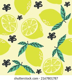 Yellow Lemon and lemon slice citrus seamless pattern