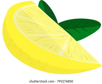 yellow lemon slice, quarter, open, two leaves
