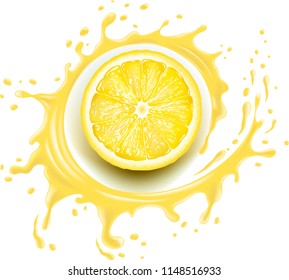 Yellow lemon slice with splash and many juice drops