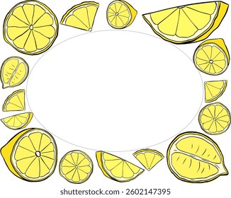 Fatias de limão amarelo quadro retangular. Modelos de quadro de texto de tinta de linha de gráfico vetorial. Design para menu, pacote, cosmético, têxtil.
