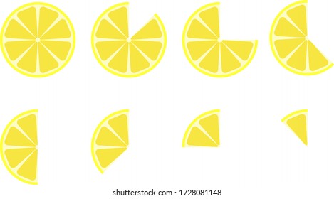 Gelbe Zitronenscheiben. Vector Illustration auf weißem Hintergrund isoliert. Zitronenscheiben in verschiedenen Größen